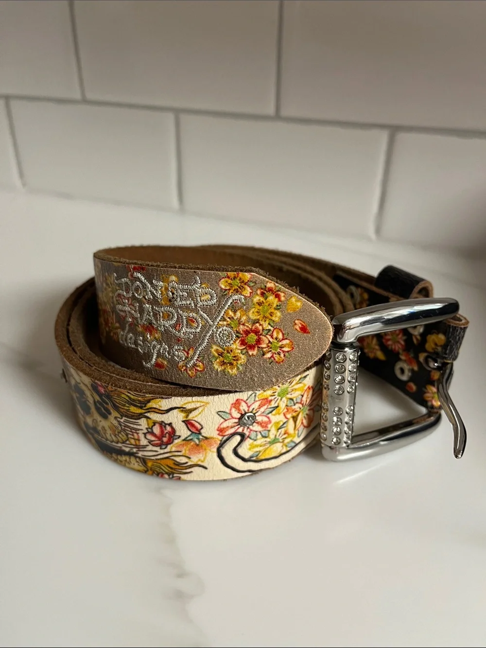 Vintage Ed Hardy Leather Belt with Rhinestone Buckle by Christian Audigier